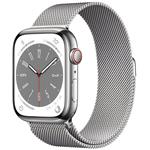 Apple Watch Series 8 GPS + Cellular 45mm Silver Stainless Steel Case with Silver Milanese Loop mnkj3cs/a