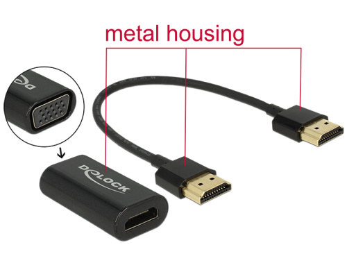 Delock Adaptér HDMI-A samec > VGA samice kovové pouzdro s 15 cm kabelem 65667