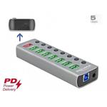 Delock Rozbočovač USB 3.2 Gen 1 se 7 porty + 1 rychlonabíjecím portem + 1 portem USB-C™ PD 3.0 s přepínačem a osvě 63264