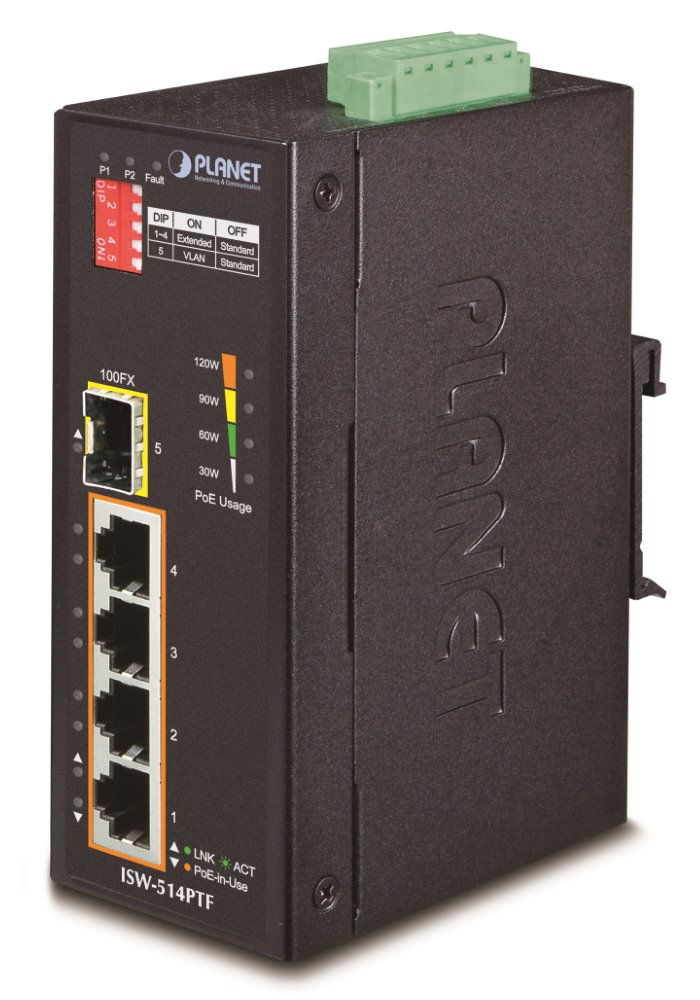 ISW-514PTF, PoE switch 4x 10/100BaseTX+ 1x 100FX(SFP), 802.3af až 60W, DIN, IP30, -40~75 st.C