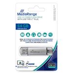 MediaRange USB flash disk, USB 3.0 (3.2 Gen 1), 64GB, strieborný, MR937, USB A / USB C, s krytkou