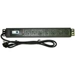 19" rozvodný panel 7x230V, ČSN, nadproud.jistič/vypínač, indikátor napětí, kabel 1,8m, výška 1,5U ZASUVKA7B1-19