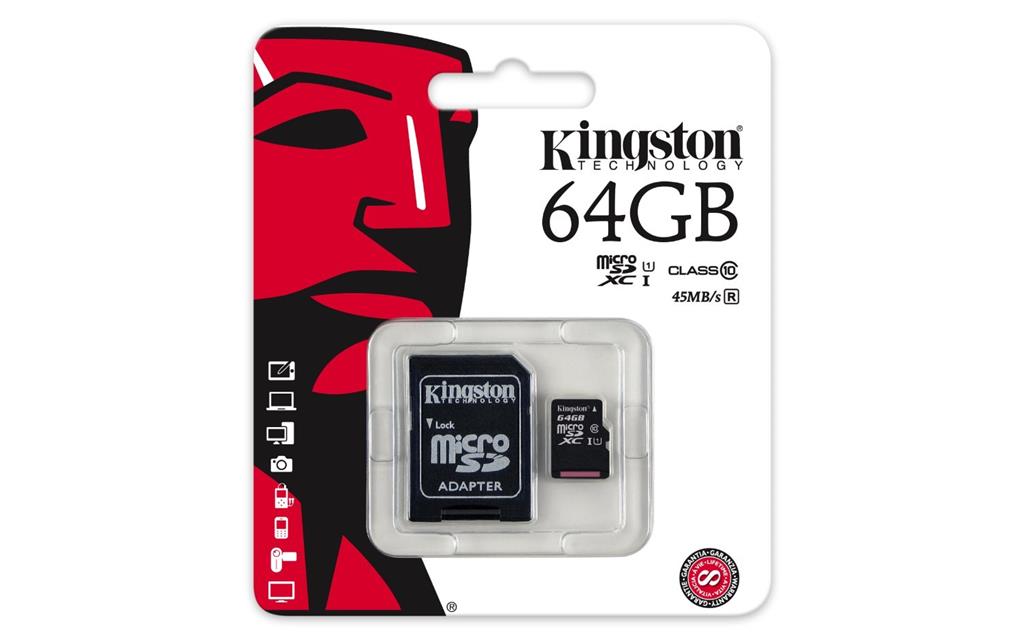 64GB microSDXC Kingston UHS-I U1 45R/10W SDC10G2/64GB