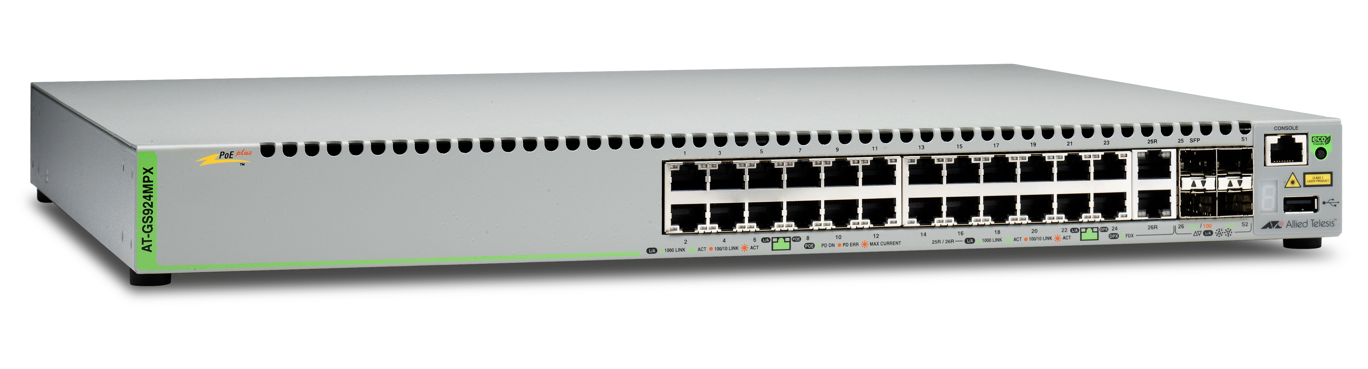 Allied Telesis CentreCOM AT-GS924MPX - Přepínač - řízený - 24 x 10/100/1000 (PoE+) + 2 x kombinace AT-GS924MPX-50