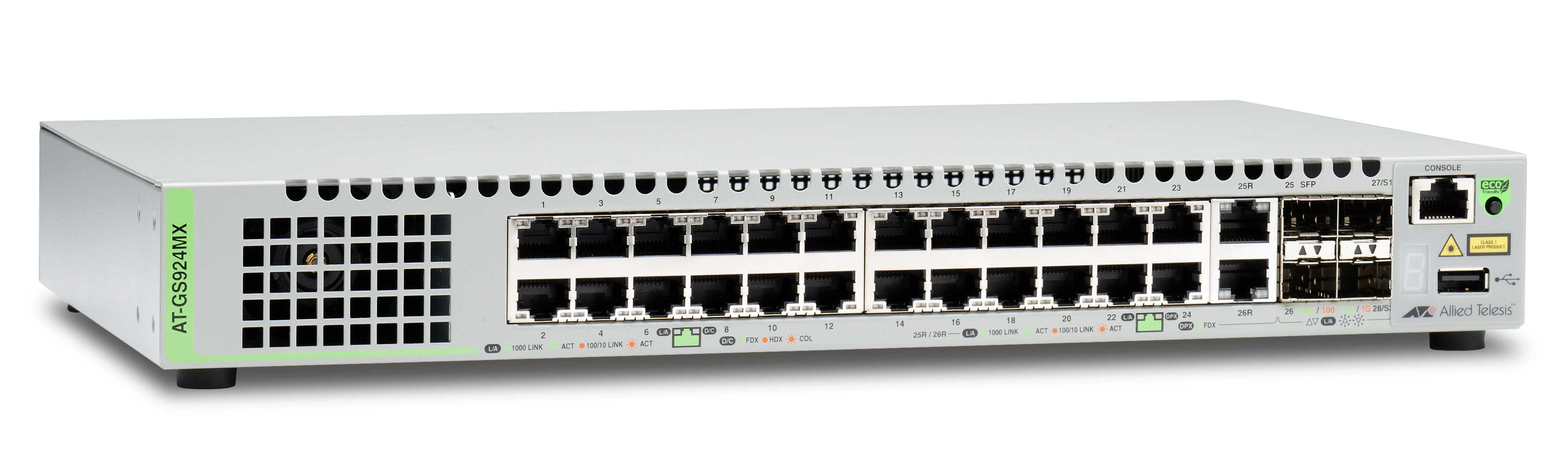 Allied Telesis CentreCOM AT-GS924MX - Přepínač - řízený - 24 x 10/100/1000 + 2 x kombinace Gigabit AT-GS924MX-50
