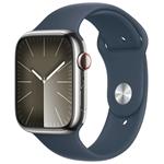 Apple Watch Series 9 Cellular 45mm Stříbrná ocel s bouřkově modrým sportovním řemínkem S/M MRMN3QC/A