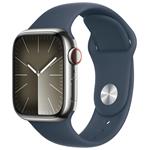Apple Watch Series 9 GPS + Cellular 41mm Silver Stainless Steel Case with Storm Blue Sport Band - S/M MRJ23QC/A