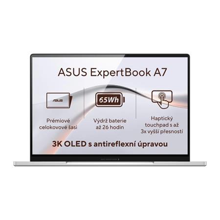 ASUS ExpertBook A7/ Core 5 320/ 16GB DDR5/ 512GB SSD/ Intel Graphics/ 14"WQXGA+, OLED/ W11H/ stříb A7406CMA-OLEDC516512W