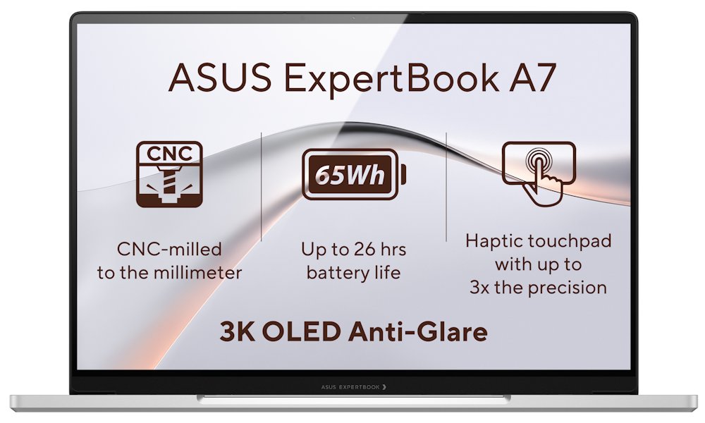 ASUS ExpertBook A7/ Core 7 350/ 16GB DDR5/ 512GB SSD/ Intel Graphics/ 14"WQXGA+, OLED/ W11P/ stříb A7406CMA-OLEDC716512X