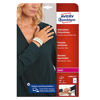 Avery Zweckform potlačitelné identifikačné náramky 265/18mm, A4, biele, 10 náramkov, 160g/m2, balen L4000-10