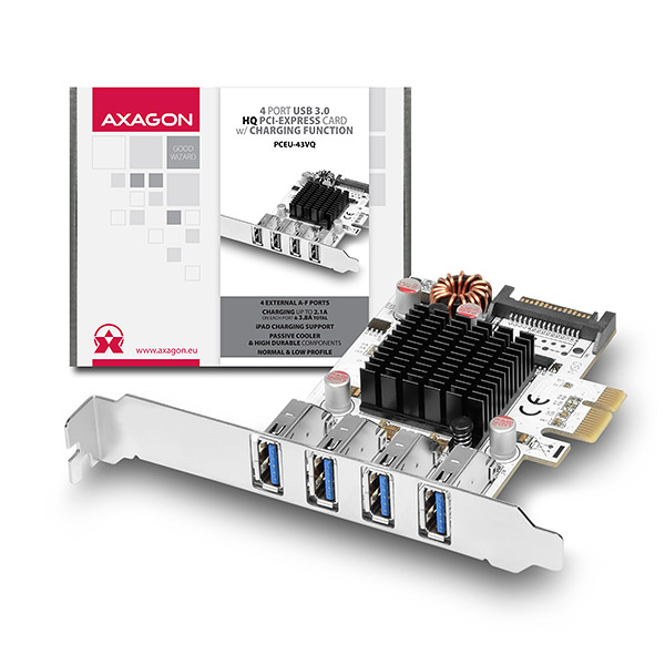 AXAGO PCEU-43VQ HQ PCIe adaptér 4x USB3.0 UASP Charging 3,8A out VIA + LP