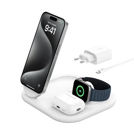 Belkin BOOST CHARGE™ Qi2 15W 3v1 Magnetický nabíjecí stojan, skládací, bílá WIZ029vfWH