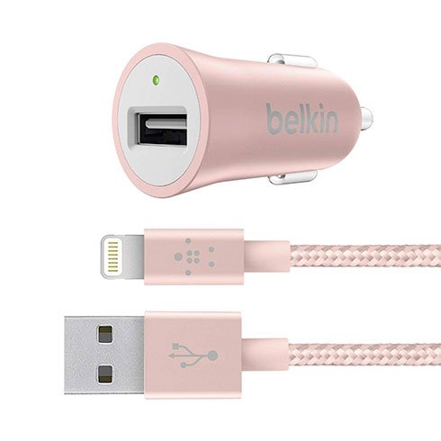 Belkin USB nabíječka do auta 2,4A/5V MIXIT Metallic + Lightning kabel - růžově zlatá F8J186bt04-C00