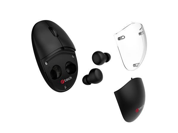 C-TECH Myš s TWS sluchátky WLM-21 Dual mode, bezdrátová, BT5.0 + 2,4GHz, 1600DPI, 3 tlačítka, USB nano receiver WLM-21BK