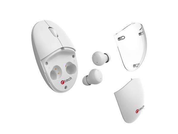 C-TECH Myš s TWS sluchátky WLM-21 Dual mode, bezdrátová, BT5.0 + 2,4GHz, 1600DPI, 3 tlačítka, USB nano receiver, WLM-21W