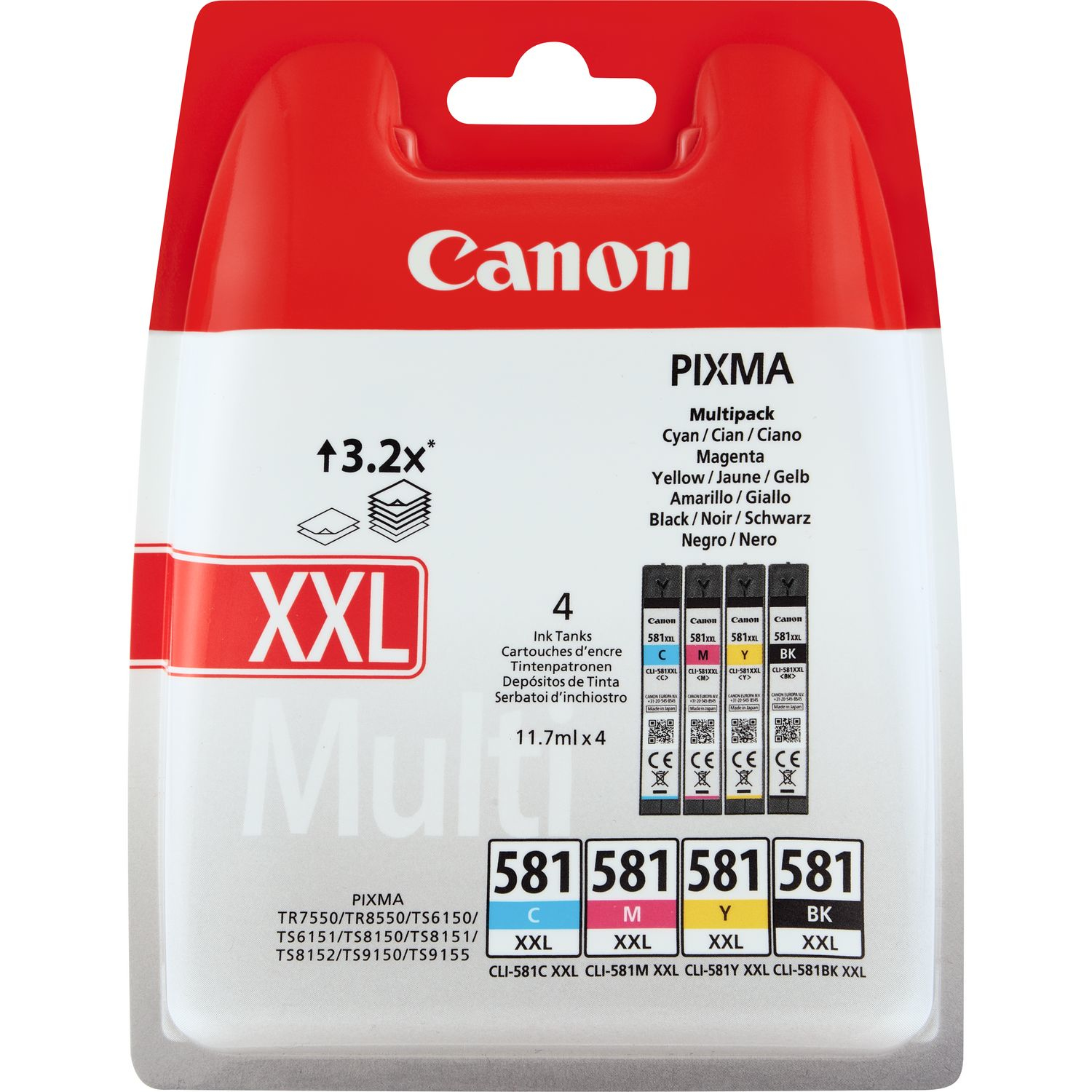 Canon CLI-581XXL C/M/Y/BK Multi Pack - 4-balení - 11.7 ml - Very High Yield - černá, žlutá, azurová 1998C005