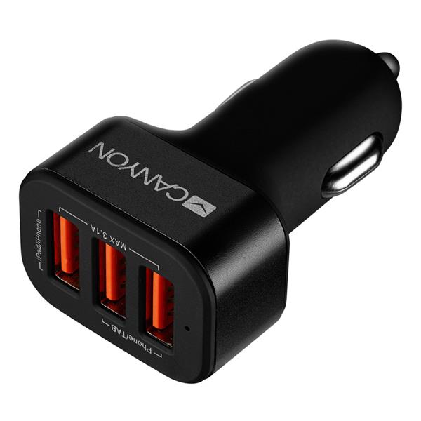 Canyon CNE-CCA06B, univerzálna autonabíjačka, 3x USB, 5V/3.1A, ochrana proti prepätiu, čierna