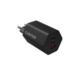 Canyon Hexagon 65, vysokorýchlostná univerzálna nabíjačka do steny, 2x USB-C 65W PD, 1x USB-A 18W, čierna CND-CHAHEX65B