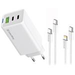 COLORWAY 2x USB-C, 1x USB-A/ síťová nabíječka/ GaN/ PD/ PPS/ 65W/ Včetně 2x kabelů, USB-C-USB-C, USB-C- CW-CHS058PDCL-WT