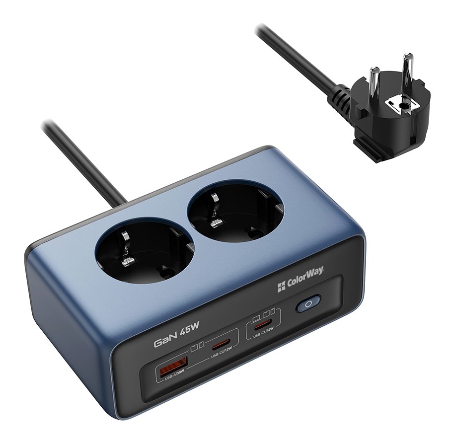 COLORWAY Prodlužovací napájecí přívod s přepěťovou ochranou/ 2x Schuko/ 2x USB-C 45W/ 1x USB-A/ kabel 2m CW-CHE25PDB