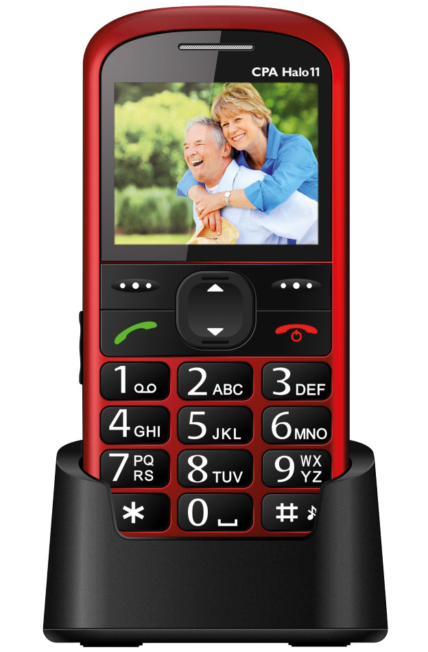 CPA HALO 11 červený nabíjecí stojánek/ pro seniory/ 2,4" barevný display/ SOS tlačítko/ vestavěná svítil 8595097766622