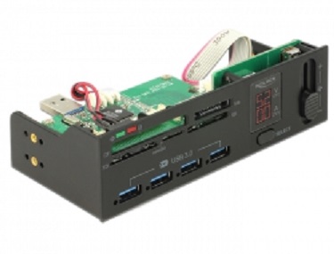 Delock 5.25” USB 3.0 čtečka karet s 5 sloty + 4 portový USB 3.0 Hub včetně V / A zobrazení a ovládání ventilátoru 91494