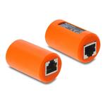 Delock Adaptérová spojka RJ45 ze zásuvky na zásuvku Cat.6A, stíněná, s ochranou proti přepětí, kulatá, oranžová 90988