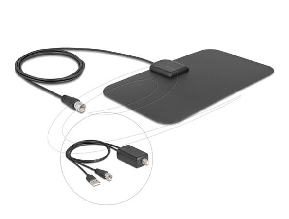 Delock Aktivní všesměrová DAB+ DVB-T2 anténa F, zástrčka, 5 - 25 dB, černá, s lepicí montáží 12085