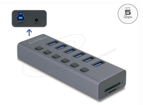 Delock Externí 6 portový rozbočovač USB 5 Gbps s přepínačem a se slotem SD / Micro SD 64237