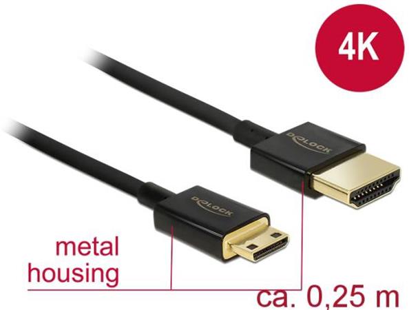 Delock Kabel High Speed HDMI s Ethernetem - HDMI-A samec > HDMI Mini-C samec 3D 4K 0,25 m Slim High Quality 85118
