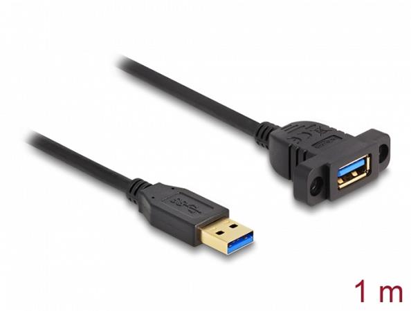 Delock Kabel SuperSpeed USB 5 Gbps (USB 3.2 Gen 1) ze zástrčky USB Typu-A na zásuvku, 1 m, panelová montáž, černý 87855