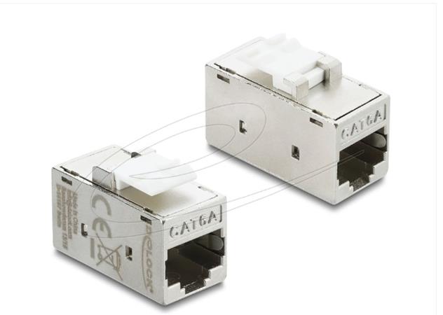 Delock Keystone modul spojka, ze zásuvky RJ45 na zásuvku RJ45 Cat.6A, kovová, stříbrná / bílá 90989