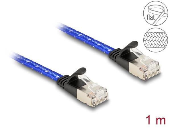 Delock Plochý síťový kabel RJ45, s pleteným opláštěním, Cat.6A, U/FTP, 1 m, modrý 80383