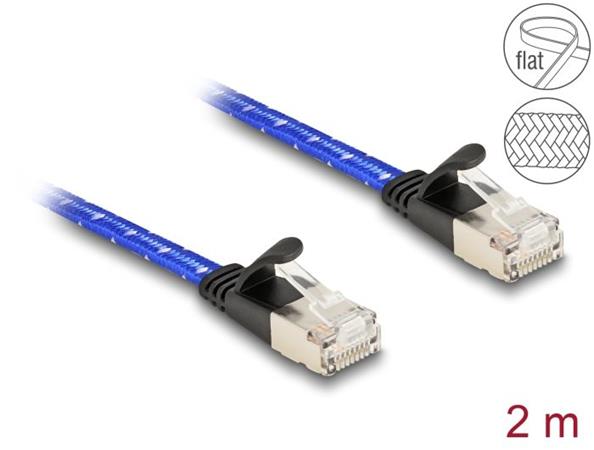 Delock Plochý síťový kabel RJ45, s pleteným opláštěním, Cat.6A, U/FTP, 2 m, modrý 80384