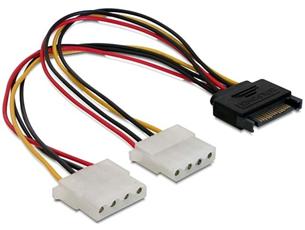 DeLock Power Adapter SATA 15-pin samec na 2x Molex 4-pin samica, 20cm 65159