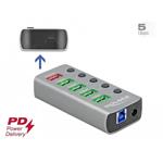 Delock Rozbočovač USB 3.2 Gen 1 se 4 porty + 1 rychlonabíjecím portem + 1 portem USB-C™ PD 3.0 s přepínačem a osvě 63263