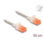 Delock Síťový kabel RJ45, Cat.6A, U/UTP, tenký, 0,3 m, transparentní 80351
