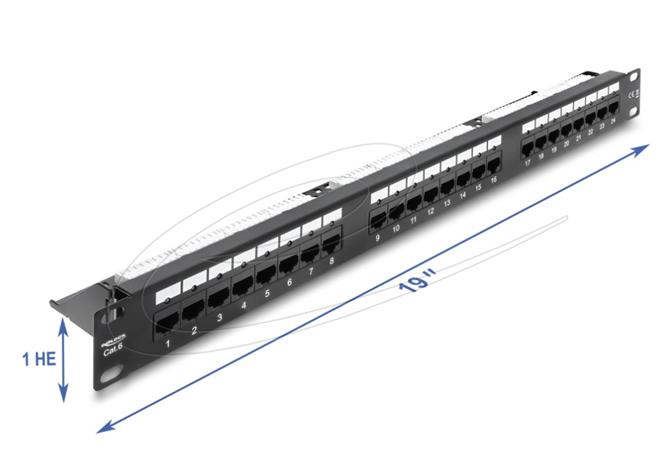 Delock Spojovací panel rozměru 19”, 1U, 24 portový, kat. 6 s LED a odlehčovací lištou, nestíněný, černý 91087