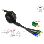 Delock Zatažitelný nabíjecí USB kabel 3 v 1 z Typu-A na Micro USB / 2 x USB Type-C™ s rychlým nabíjením, černý 85359