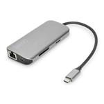 Digitus 8portová dokovací stanice USB-C, 2xUSB3.0, 1xRJ45, 2xHDMI, 1xPD, 1xMicro SD, 1xSD, šedá DA-70884