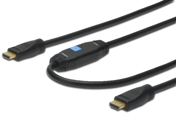 Digitus HDMI High Speed connection cable, type A, w/ amp. M/M, 10.0m, Full HD, CE, gold, bl DK-330105-100-S