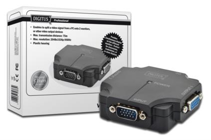 DIGITUS VGA Splitter, 2port, plastic housing, 350 MHz, HDSUB 15/M - 2x HDSUB 15/F Max. Res. 2048x1536p DS-41120-1