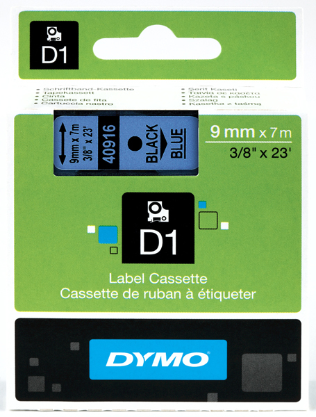 Dymo originál páska do tlačiarne štítkov, Dymo, 40916, S0720710, čierny tlač/modrý podklad, 7m, 9mm, D1 S0720710