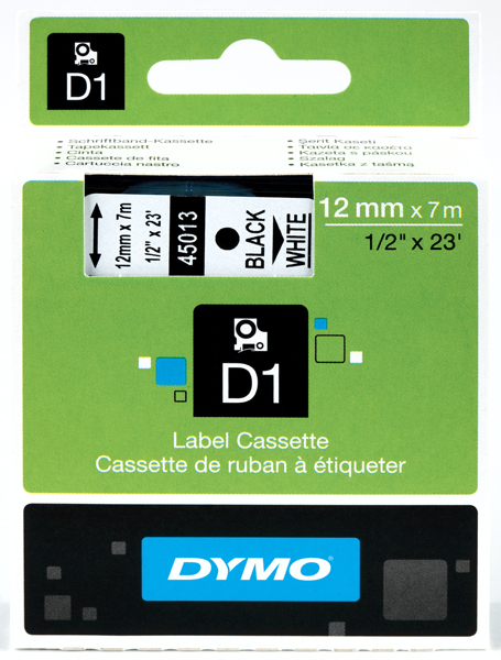 Dymo originál páska do tlačiarne štítkov, Dymo, 45013, S0720530, čierny tlač/biely podklad, 7m, 12m, D1