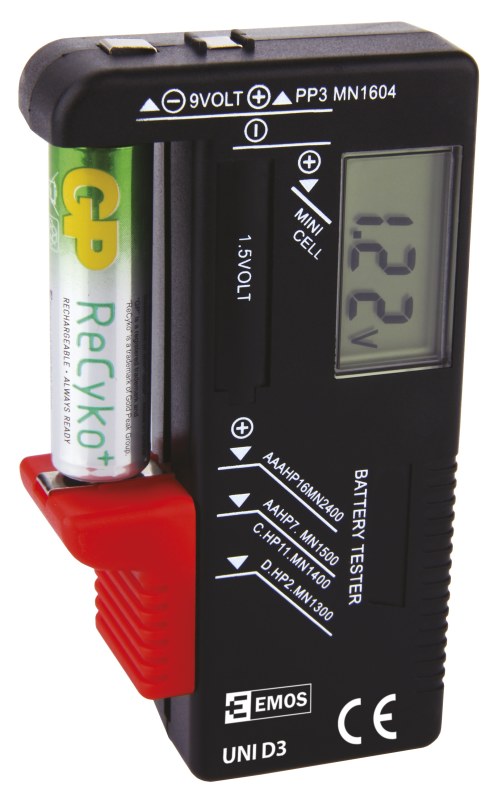 Emos LCD tester baterií UNI D3 - AA, AAA, C,D, 9V a knoflíkové, LCD displej 2203003000