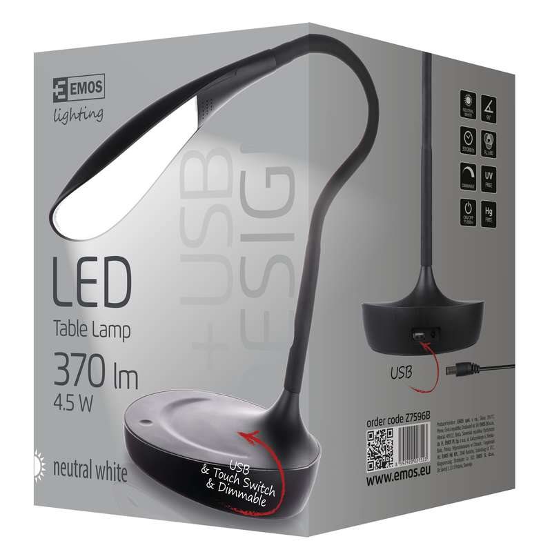 Emos LED stolní lampa DEL-1321B, 4.5W, 370 lm, USB, černá 1538100200