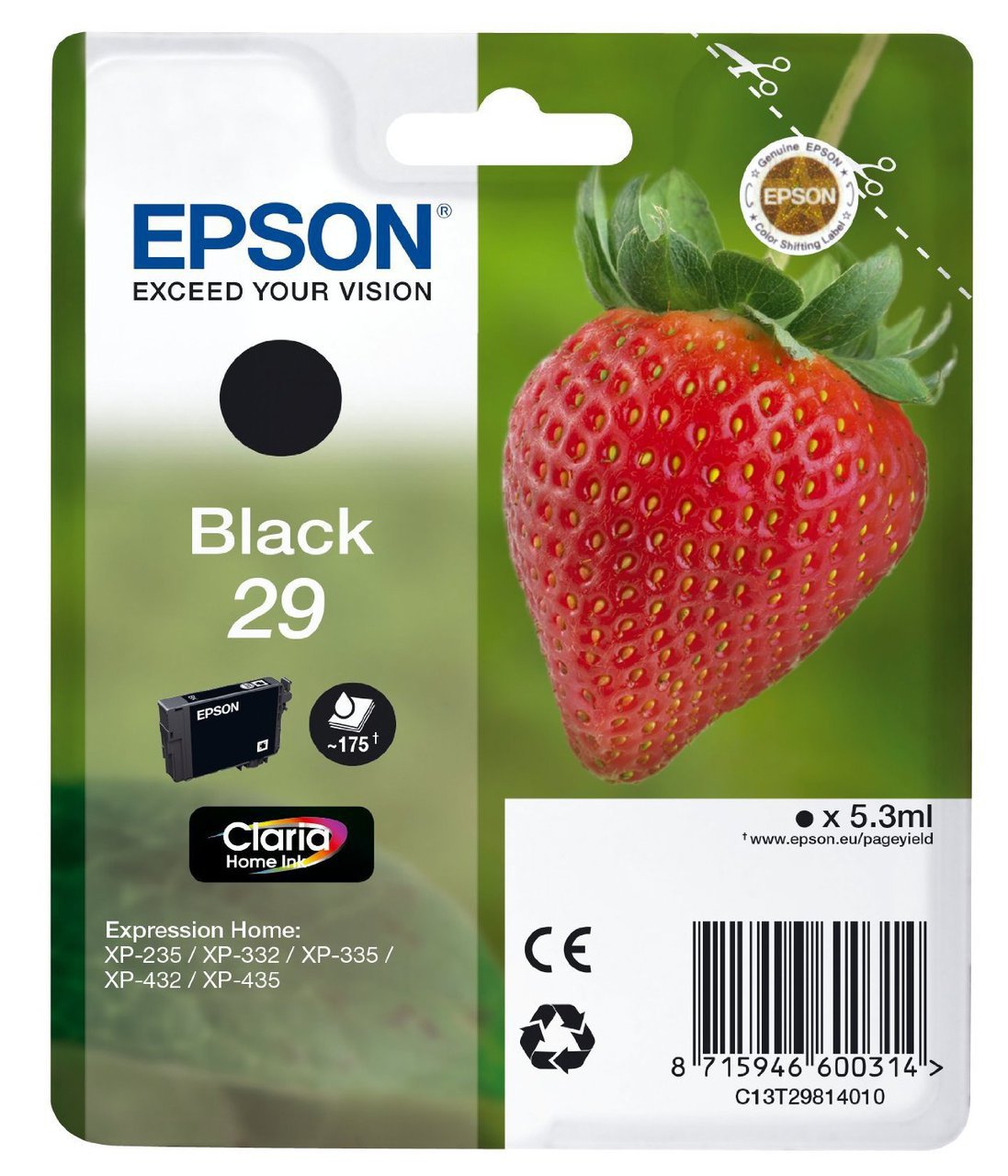 Epson originál ink C13T29814010, T29, black, 5,3ml, Epson Expression Home XP-235,XP-332,XP-335,XP-4