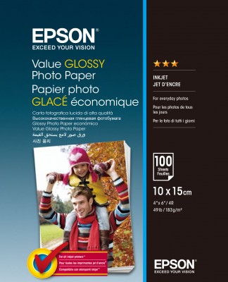 Epson Value Glossy Photo Paper, foto papier, lesklý, biely, 10x15cm, 183 g/m2, 100 ks, C13S400039,