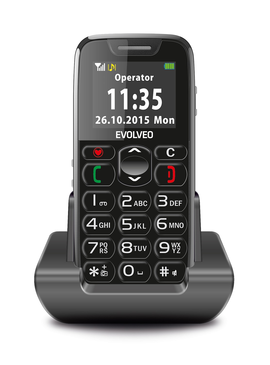 EVOLVEO EasyPhone, mobilní telefon pro seniory s nabíjecím stojánkem (černá barva) EP-500
