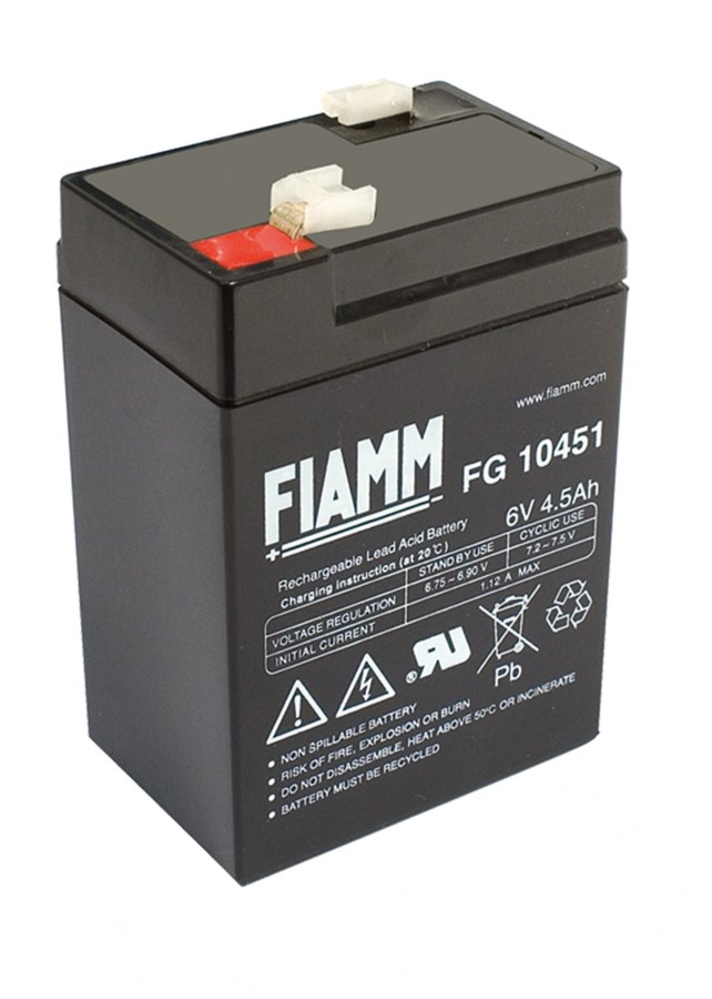 FIAMM olověná baterie FG10451 do svítilen/ 6V/ 4,5Ah/ životnost 5 let/ Faston 187 07941